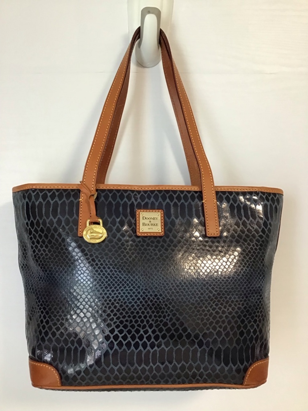 DOONEY & BOURKE Dark Blue Exotic Leather Tan Straps Tote Excellent